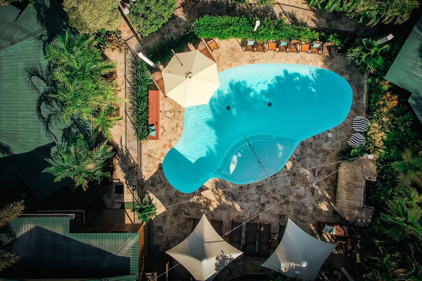 An aerial view of the pool at Palms City Resort Darwin